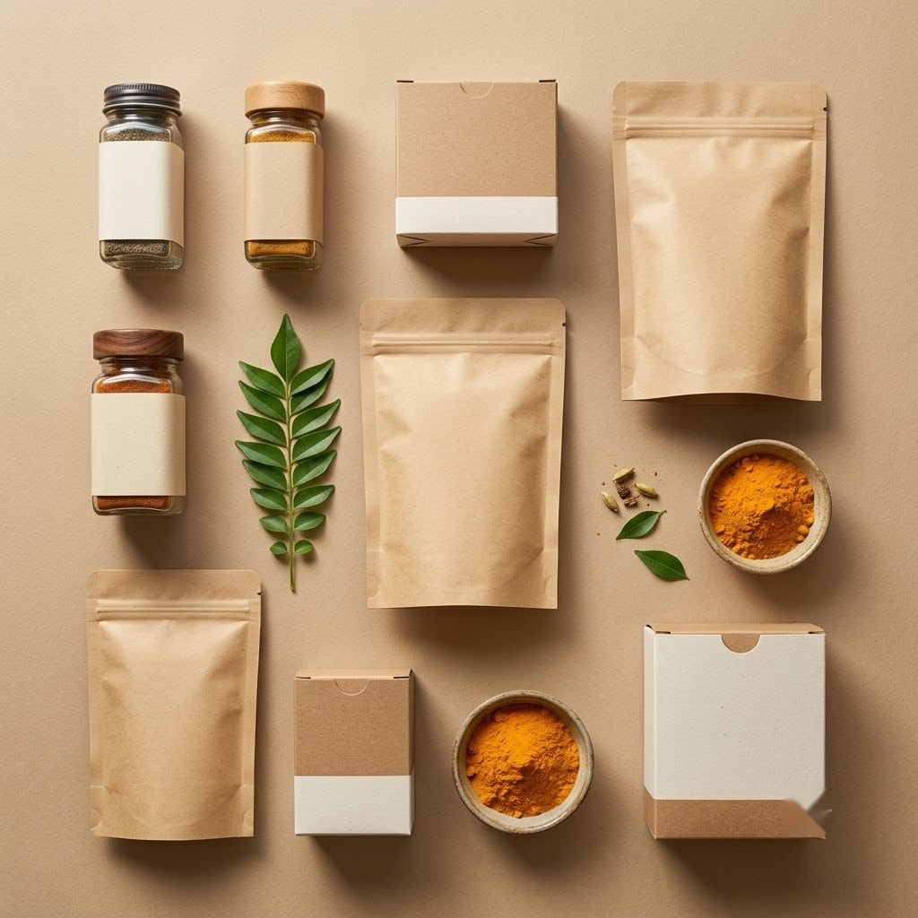 Overhead flat-lay of blank packaging mockups — jars, pouches, and boxes arranged for a branding project