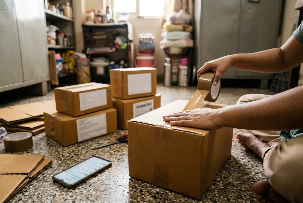 Hands taping up a shipping box during order fulfillment